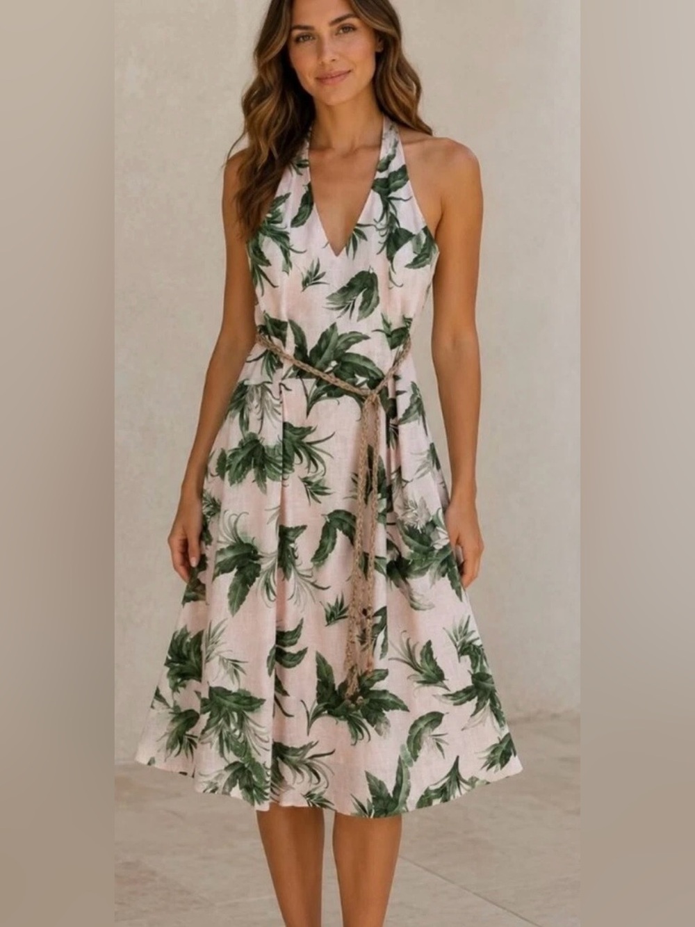 Parker Pink Maxi Dress with Green Tropical Leaf Print